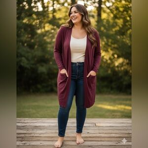 SIZE 1X NEW w/ Tags Belle By Kim Gravel Maroon Open Cardigan Duster Sweater